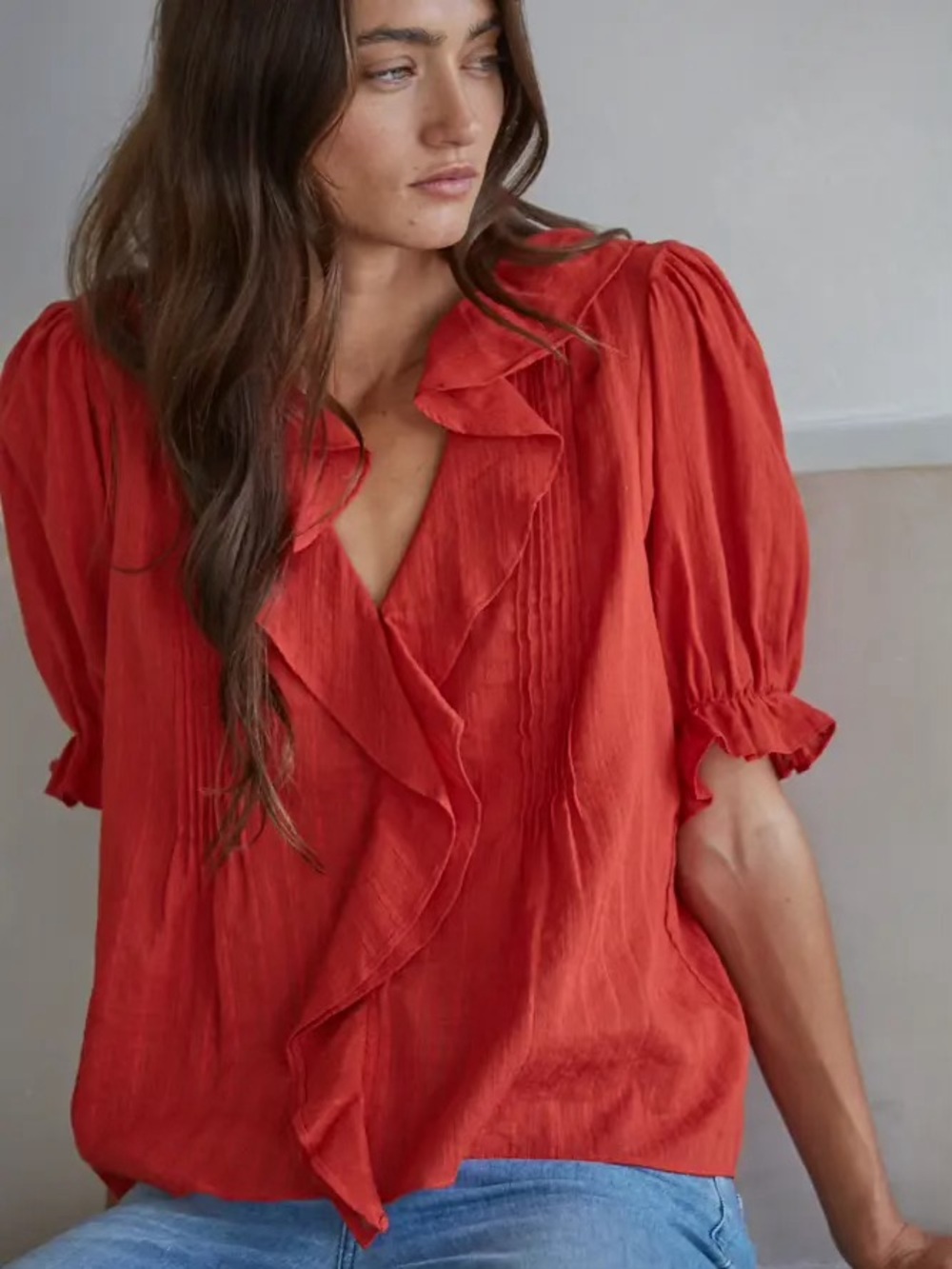 NWT By Together Red Ruffle V-Neck Puff Sleeve Blouse